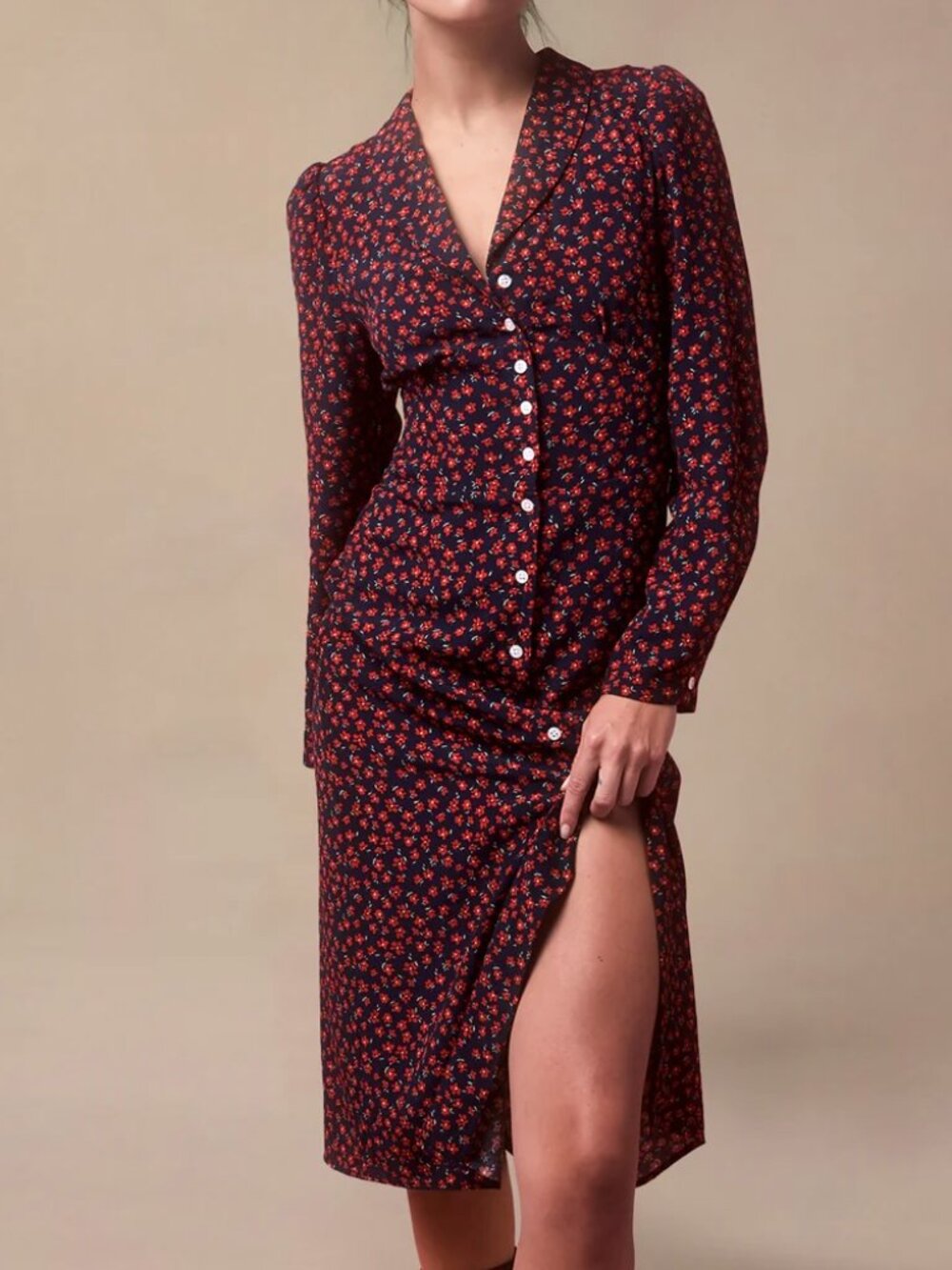 Rouje Clementine Red Floral Long Sleeve Midi Dress 34 / US 2